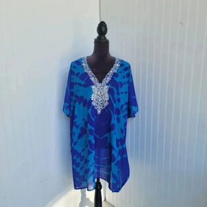 Natural Impression Sheer Caftan Beaded Rhinestone Coverup Swim Dress Blue OS